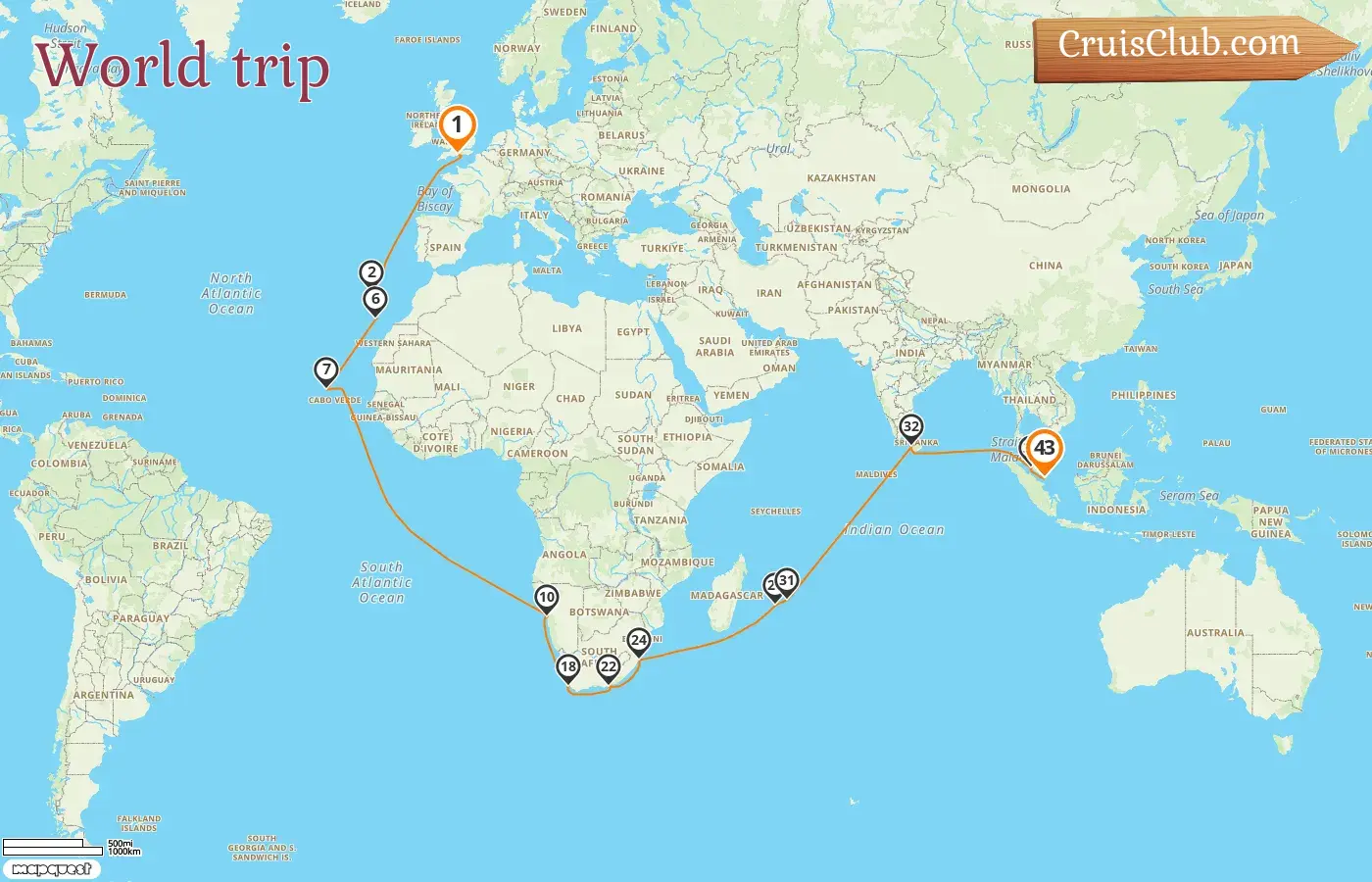 Cruise in the World trip from Southampton to Singapore aboard Queen Anne ship with visits to Spain, Namibia, South Africa, Réunion, Mauritius, Sri Lanka, Malaysia, and Singapore for 43 days