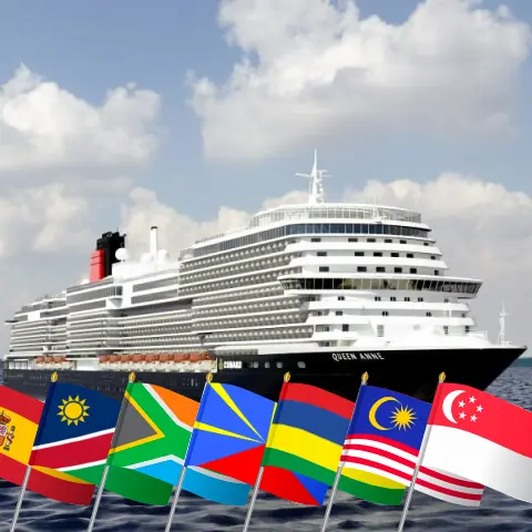 Круиз по маршруту "Вокруг света" из Саутгемптона в Сингапур на корабле Queen Anne с посещениями Испании, Намибии, Южной Африки, Реюньона, Маврикия, Шри-Ланки, Малайзии и Сингапура длительностью 43 дня