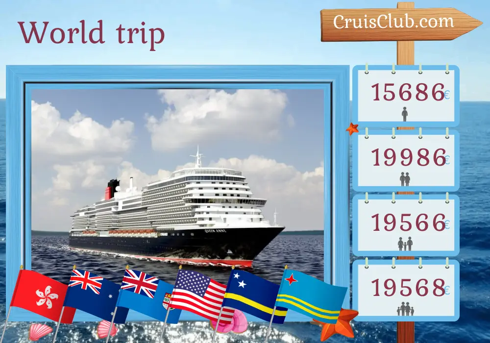 Cruise in the World trip from Hong Kong to Miami aboard Queen Anne ship with visits to Hong Kong, Philippines, Indonesia, Australia, Vanuatu, Fiji, USA, Guatemala, Panama, Curaçao, and Aruba for 53 days