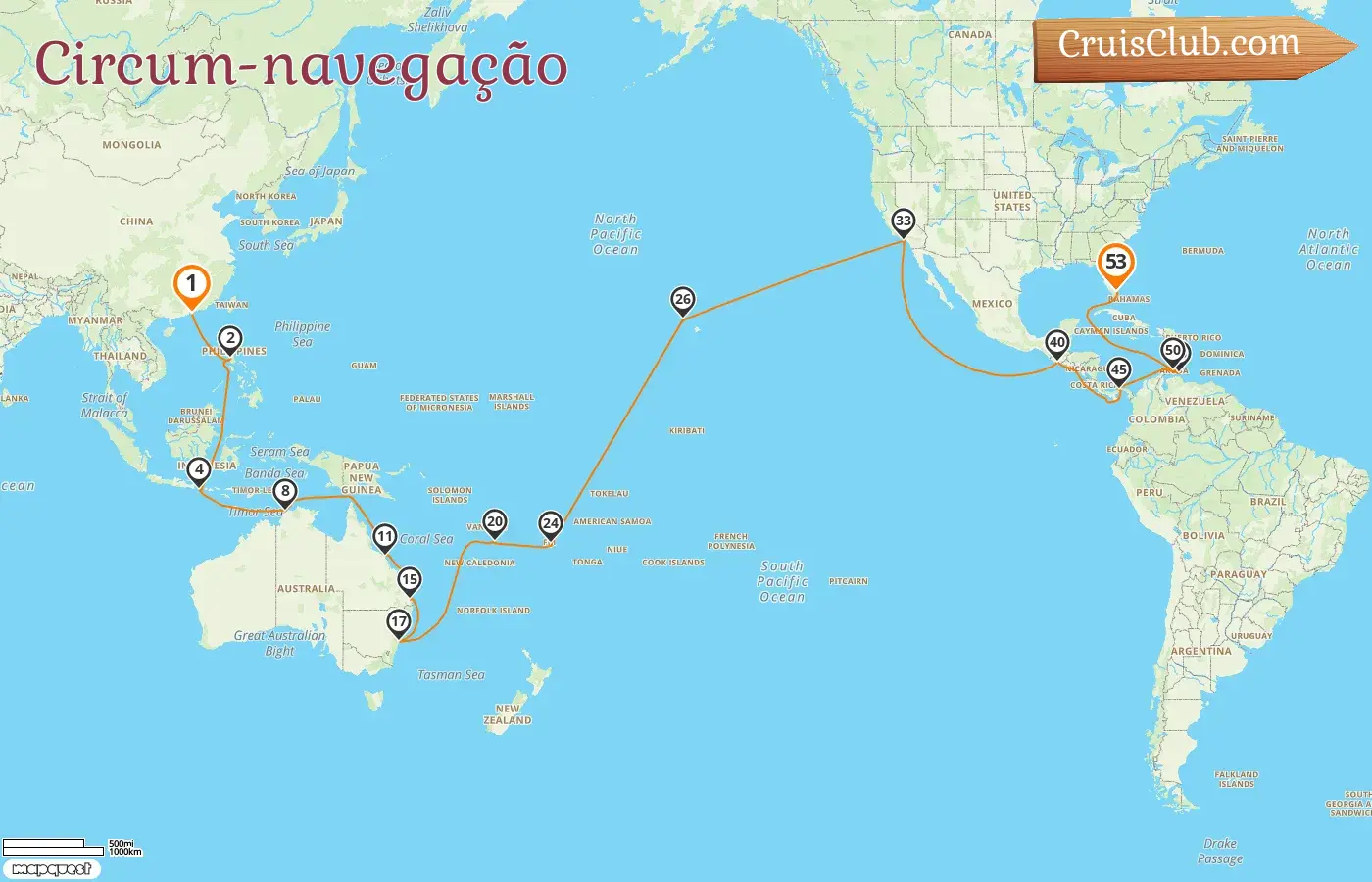 Cruzeiro Volta ao Mundo de Hong Kong para Miami a bordo do navio Queen Anne com visitas a Hong Kong, Filipinas, Indonésia, Austrália, Vanuatu, Fiji, EUA, Guatemala, Panamá, Curaçao e Aruba por 53 dias