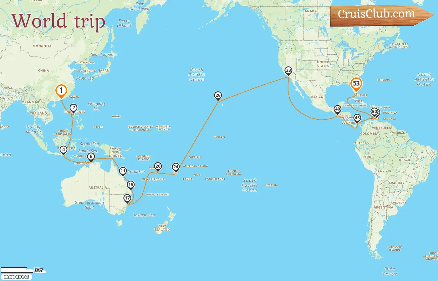 Cruise in the World trip from Hong Kong to Miami aboard Queen Anne ship with visits to Hong Kong, Philippines, Indonesia, Australia, Vanuatu, Fiji, USA, Guatemala, Panama, Curaçao, and Aruba for 53 days