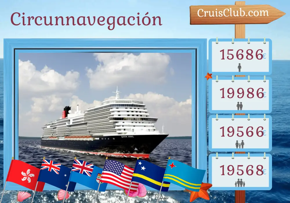Crucero en el viaje por el mundo desde Hong Kong hasta Miami a bordo del barco Queen Anne con visitas a Hong Kong, Filipinas, Indonesia, Australia, Vanuatu, Fiji, Estados Unidos, Guatemala, Panamá, Curazao y Aruba durante 53 días