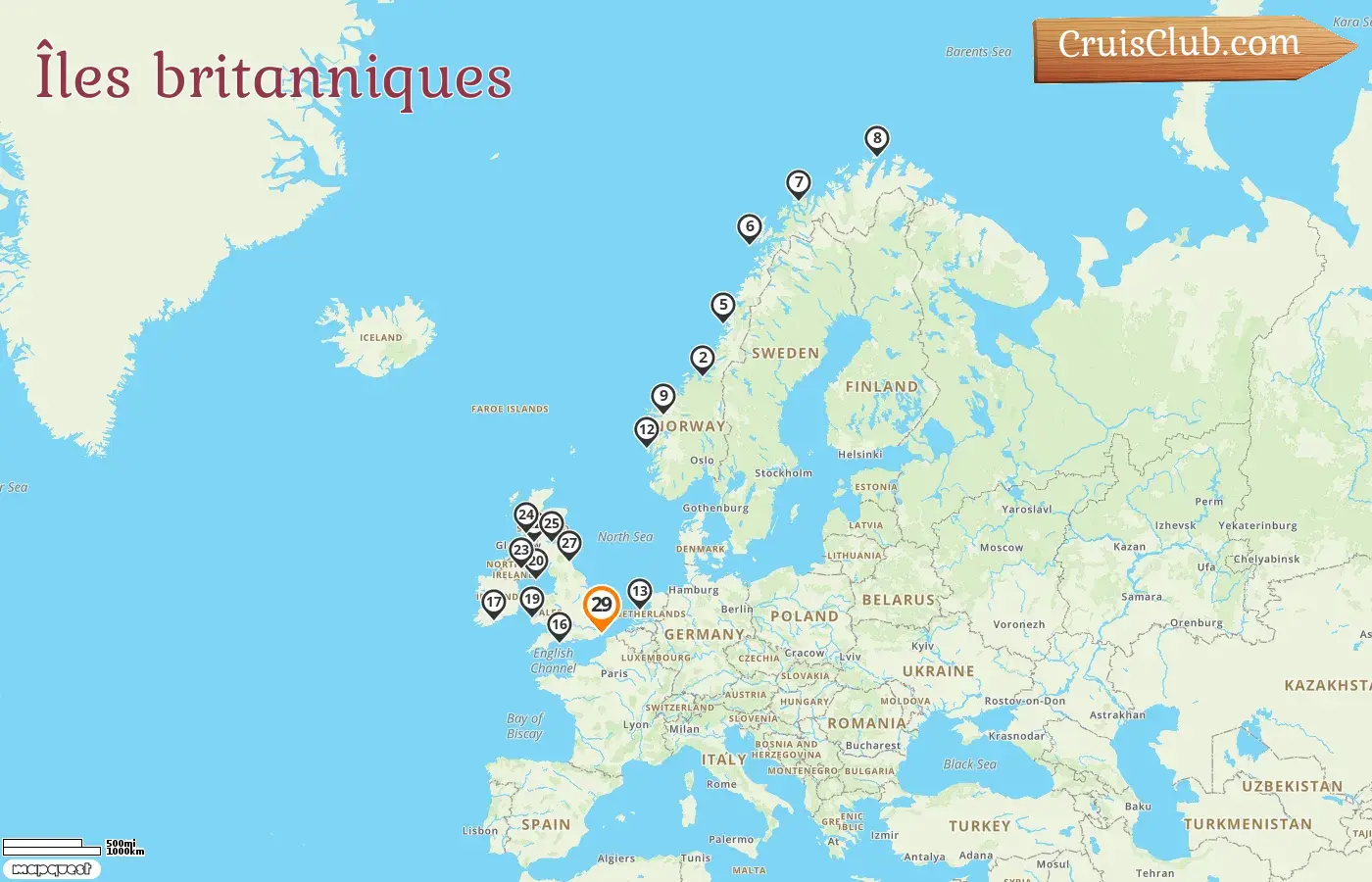 Croisière dans les îles britanniques au départ de Douvres à bord du navire Seabourn Ovation avec escales en Norvège, aux Pays-Bas, en Irlande et à l`Île de Man pendant 29 jours
