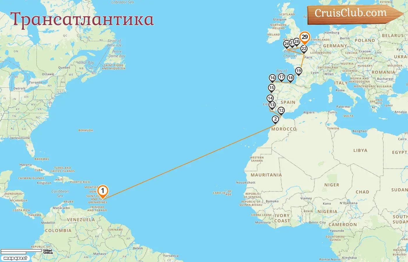 Круиз по Трансатлантике из Бриджтауна в Дувр на борту корабля Seabourn Ovation с посещением Барбадоса, Марокко, Португалии, Испании и Франции в течение 29 дней
