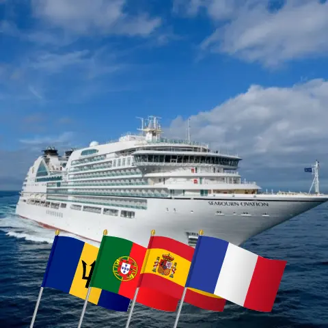 Cruise in the Transatlantic from Bridgetown to Dover aboard Seabourn Ovation ship with visits to Barbados, Morocco, Portugal, Spain, and France for 29 days