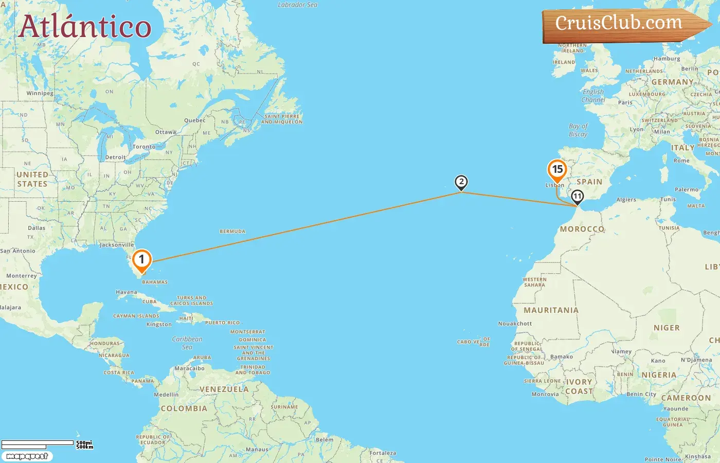 Crucero por el Atlántico desde Miami a Lisboa a bordo del barco Seabourn Quest con visitas a Estados Unidos, Portugal y Marruecos durante 15 días