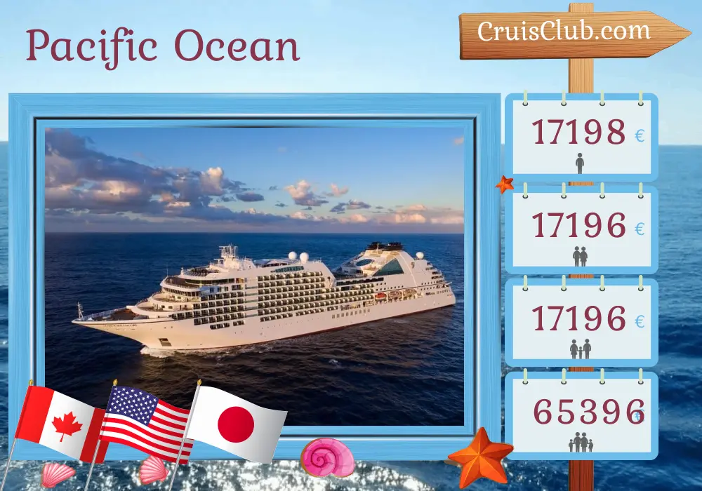Cruise in the Pacific Ocean from Vancouver to Yokohama aboard Seabourn Encore ship with visits to Canada, USA, and Japan for 22 days