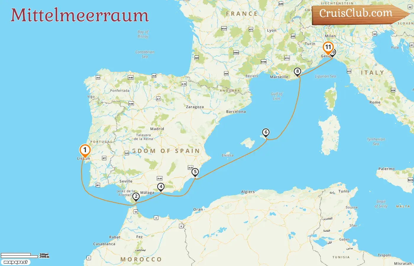 Kreuzfahrt im Mittelmeer von Lissabon nach Genua an Bord des Schiffes Seabourn Quest mit Besuchen in Gibraltar, Spanien, Frankreich und Italien für 11 Tage