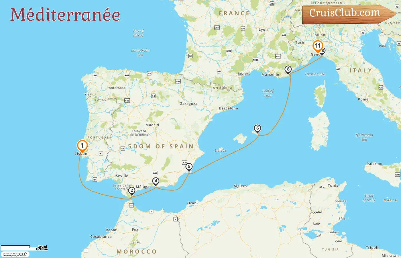 Croisière en Méditerranée de Lisbonne à Gênes à bord du navire Seabourn Quest avec escales à Gibraltar, en Espagne, en France et en Italie pendant 11 jours