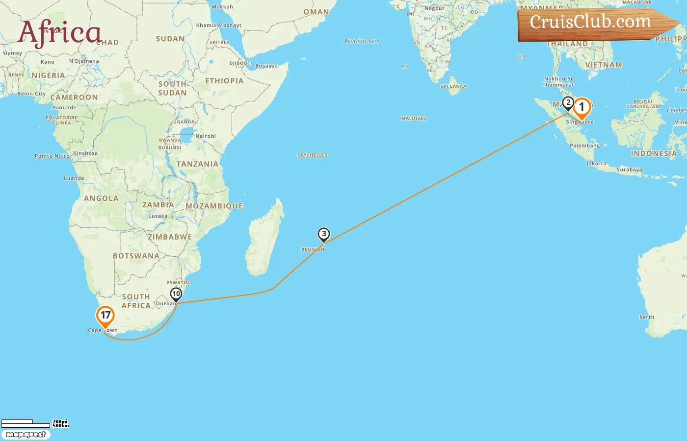 Cruise in the Africa from Singapore to Cape Town aboard Queen Mary 2 ship with visits to Singapore, Malaysia, Mauritius, and South Africa for 17 days