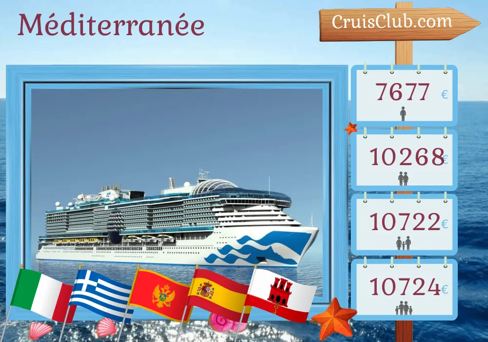 Croisière en Méditerranée au départ de Civitavecchia à bord du navire Sun Princess avec des visites en Italie, en Grèce, en Turquie, au Monténégro, en Espagne et à Gibraltar pendant 22 jours