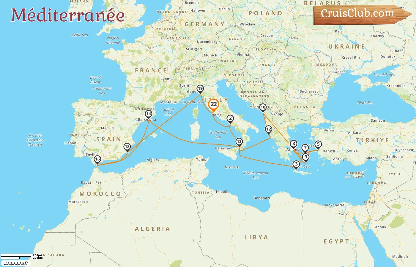 Croisière en Méditerranée au départ de Civitavecchia à bord du navire Sun Princess avec des visites en Italie, en Grèce, en Turquie, au Monténégro, en Espagne et à Gibraltar pendant 22 jours