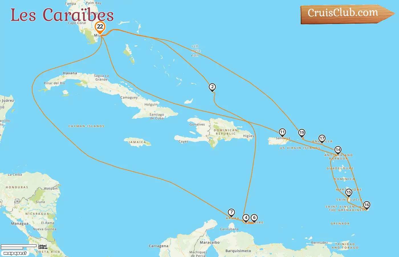 Croisière dans les Caraïbes au départ de Miami à bord du Queen Elizabeth avec des escales aux États-Unis, à Curaçao, Aruba, Porto Rico et à la Barbade pendant 22 jours