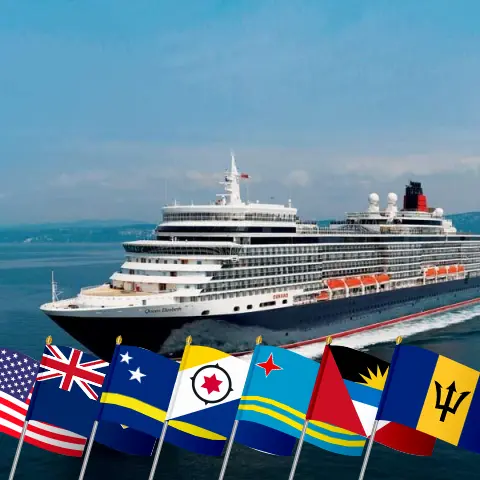 Crucero por el Caribe desde Miami a bordo del barco Queen Elizabeth con visitas a Estados Unidos, Curazao, Aruba, Puerto Rico y Barbados durante 22 días