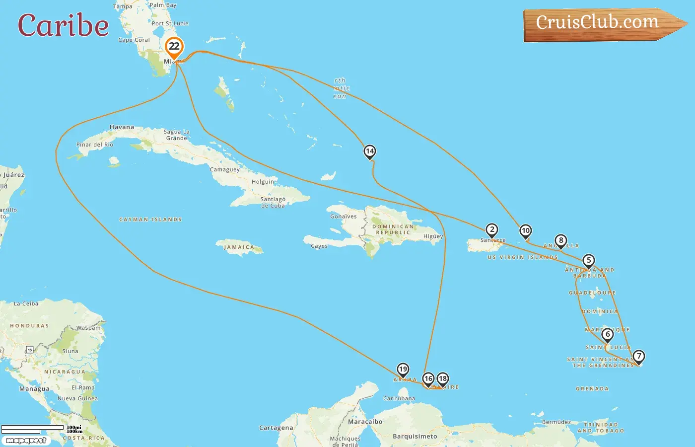 Cruzeiro no Caribe a bordo do navio Queen Elizabeth com visitas aos EUA, Porto Rico, Barbados, Curaçao e Aruba por 22 dias