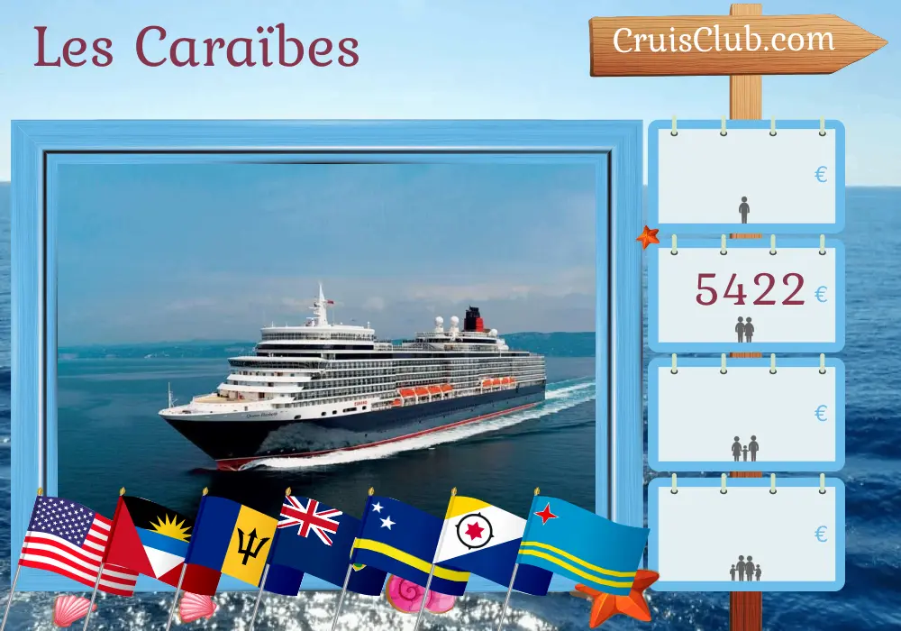 Croisière dans les Caraïbes au départ de Miami à bord du navire Queen Elizabeth avec des escales aux États-Unis, à Porto Rico, à la Barbade, à Curaçao et à Aruba pendant 22 jours