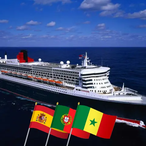 Croisière dans l`Europe Occidentale au départ de Southampton à bord du navire Queen Mary 2 avec des escales en Espagne, au Portugal et au Sénégal pendant 22 jours