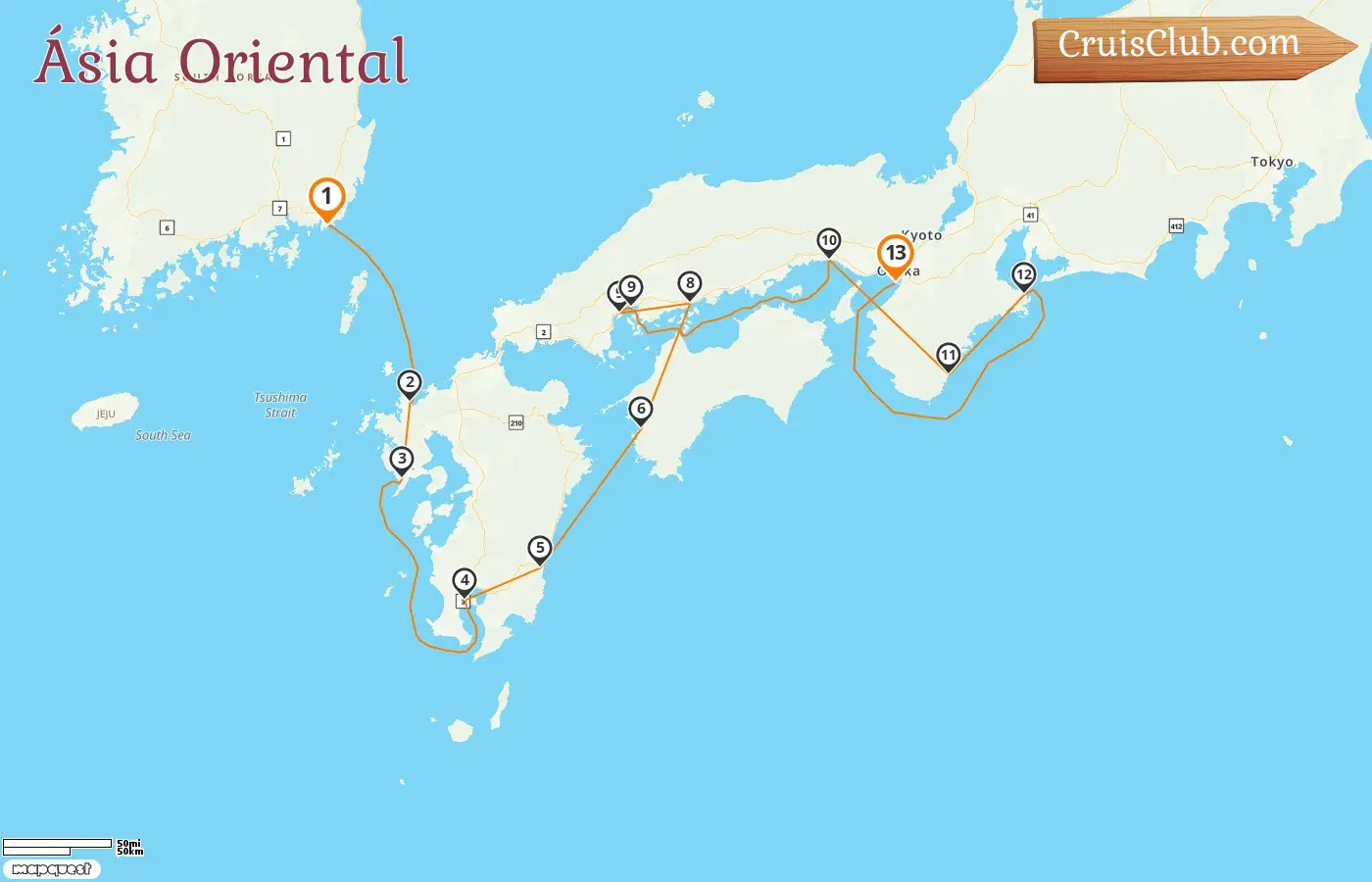 Cruzeiro no Leste Asiático de Busan a Osaka a bordo do navio Le Soléal com visitas à Coreia do Sul e Japão por 13 dias