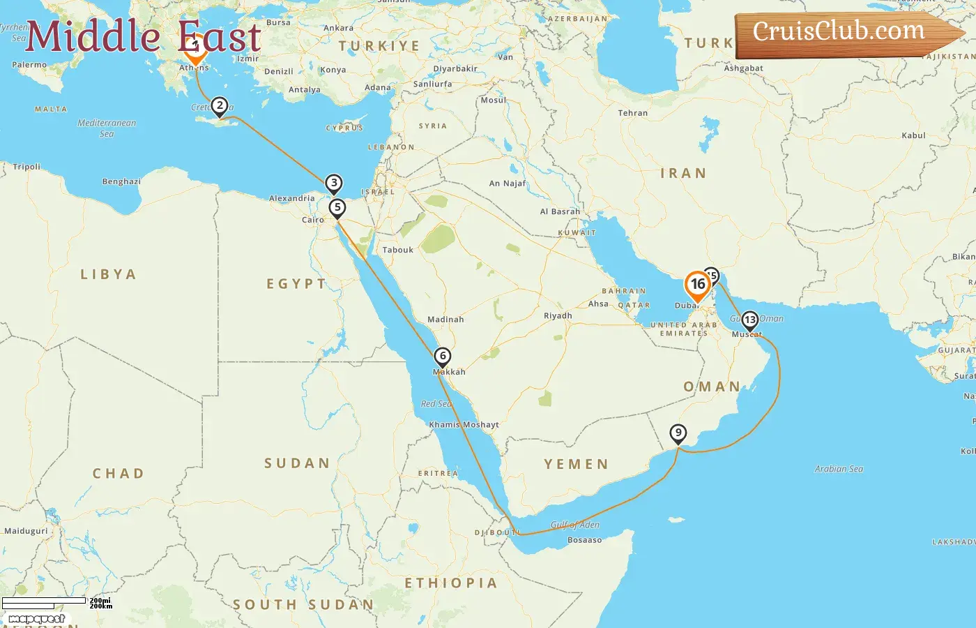 Cruise in the Middle East from Piraeus to Dubai aboard EXPLORA II ship with visits to Greece, Egypt, Saudi Arabia, Oman, and United Arab Emirates for 16 days