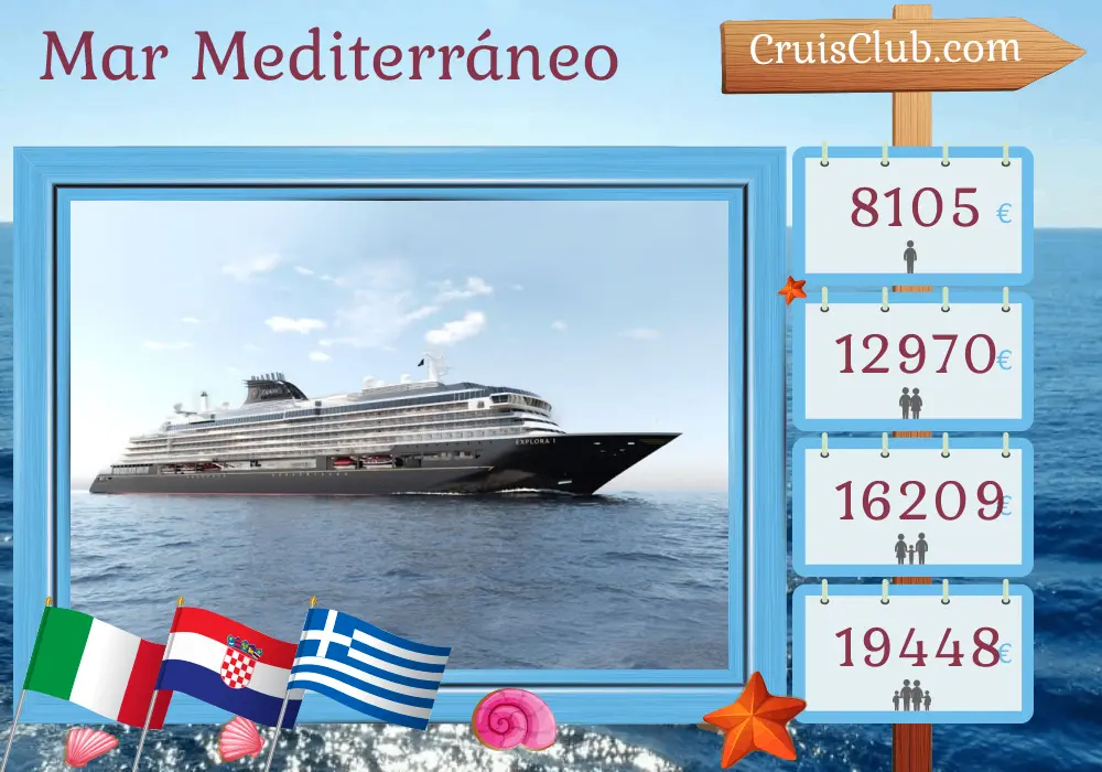 Crucero por el Mediterráneo de Fusina a El Pireo a bordo del barco EXPLORA I con visitas a Italia, Croacia, Grecia y Turquía durante 12 días