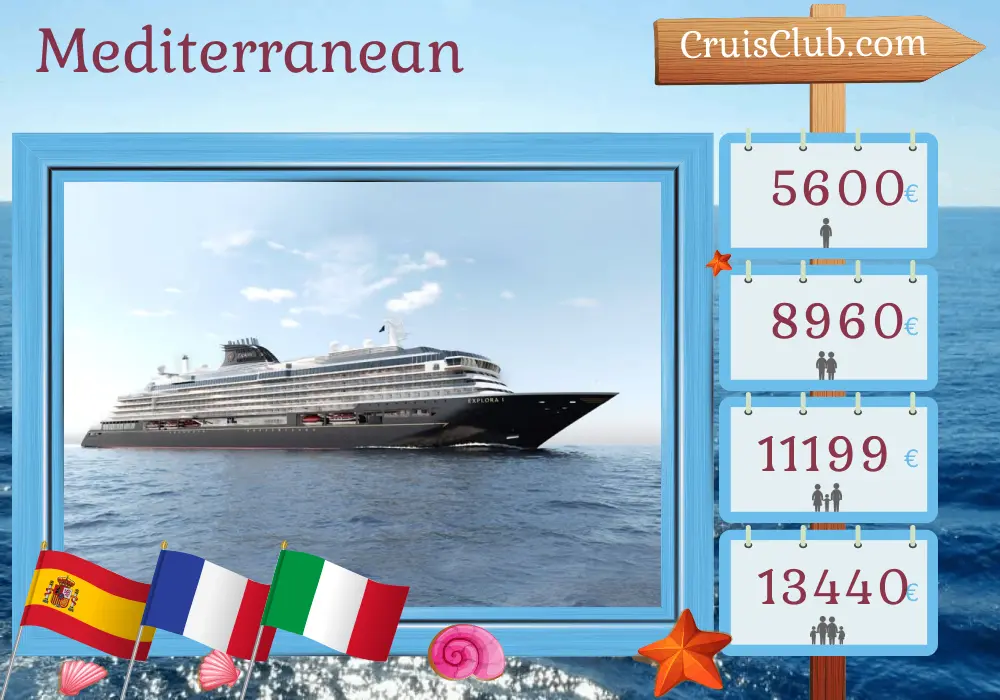 Cruise in the Mediterranean from Barcelona to Civitavecchia aboard EXPLORA I ship with visits to Spain, France, and Italy for 8 days