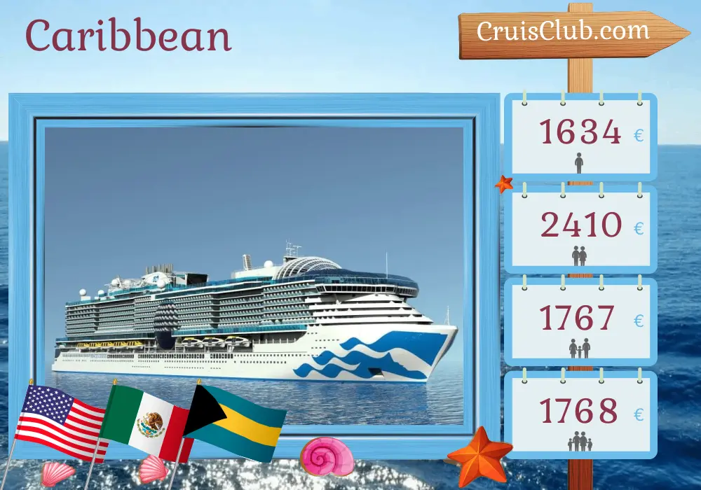 Cruise in the Caribbean from Fort Lauderdale aboard Sun Princess ship with visits to USA, Honduras, Mexico, and Bahamas for 8 days