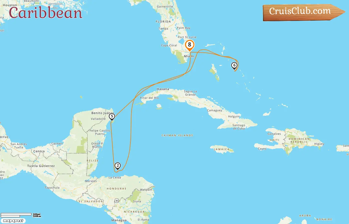 Cruise in the Caribbean from Fort Lauderdale aboard Sun Princess ship with visits to USA, Honduras, Mexico, and Bahamas for 8 days