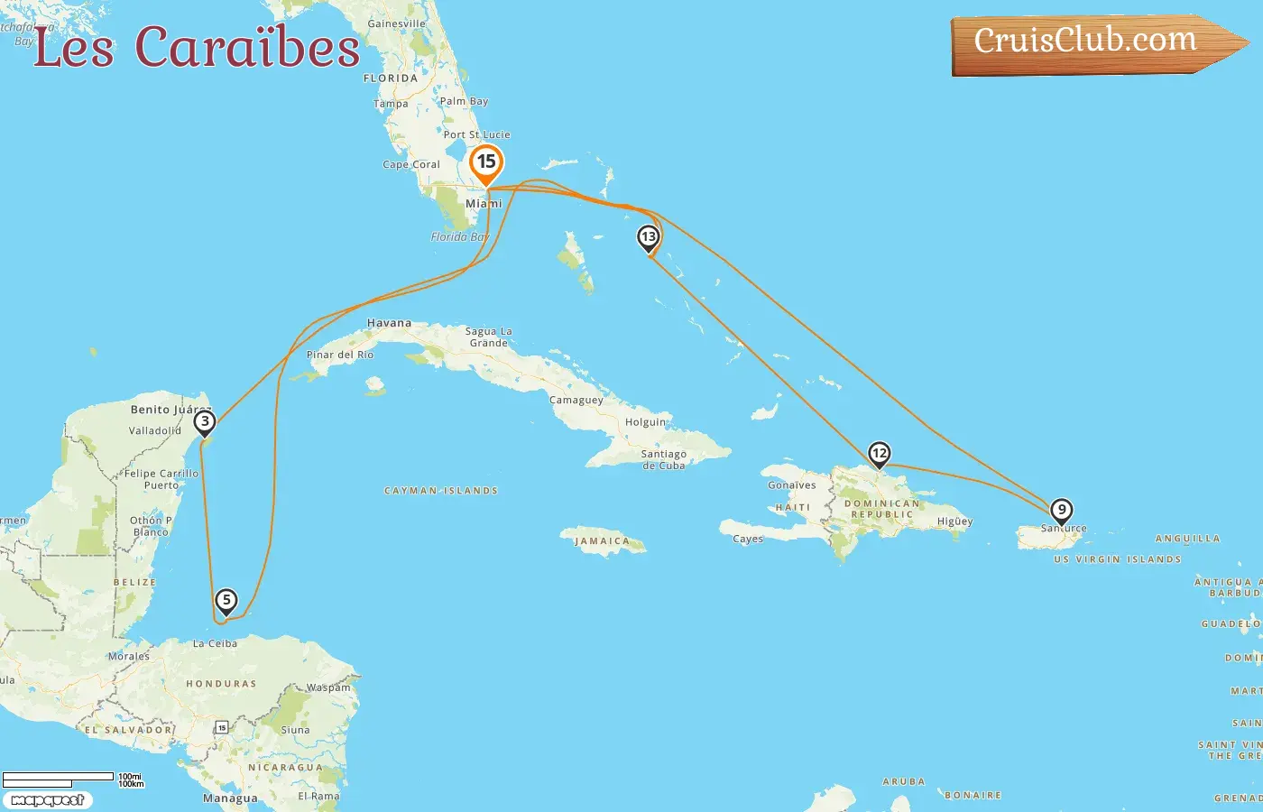 Croisière dans les Caraïbes au départ de Fort Lauderdale à bord du navire Sun Princess avec des escales aux États-Unis, aux Bahamas, au Mexique, au Honduras, à Porto Rico et en République dominicaine pendant 15 jours