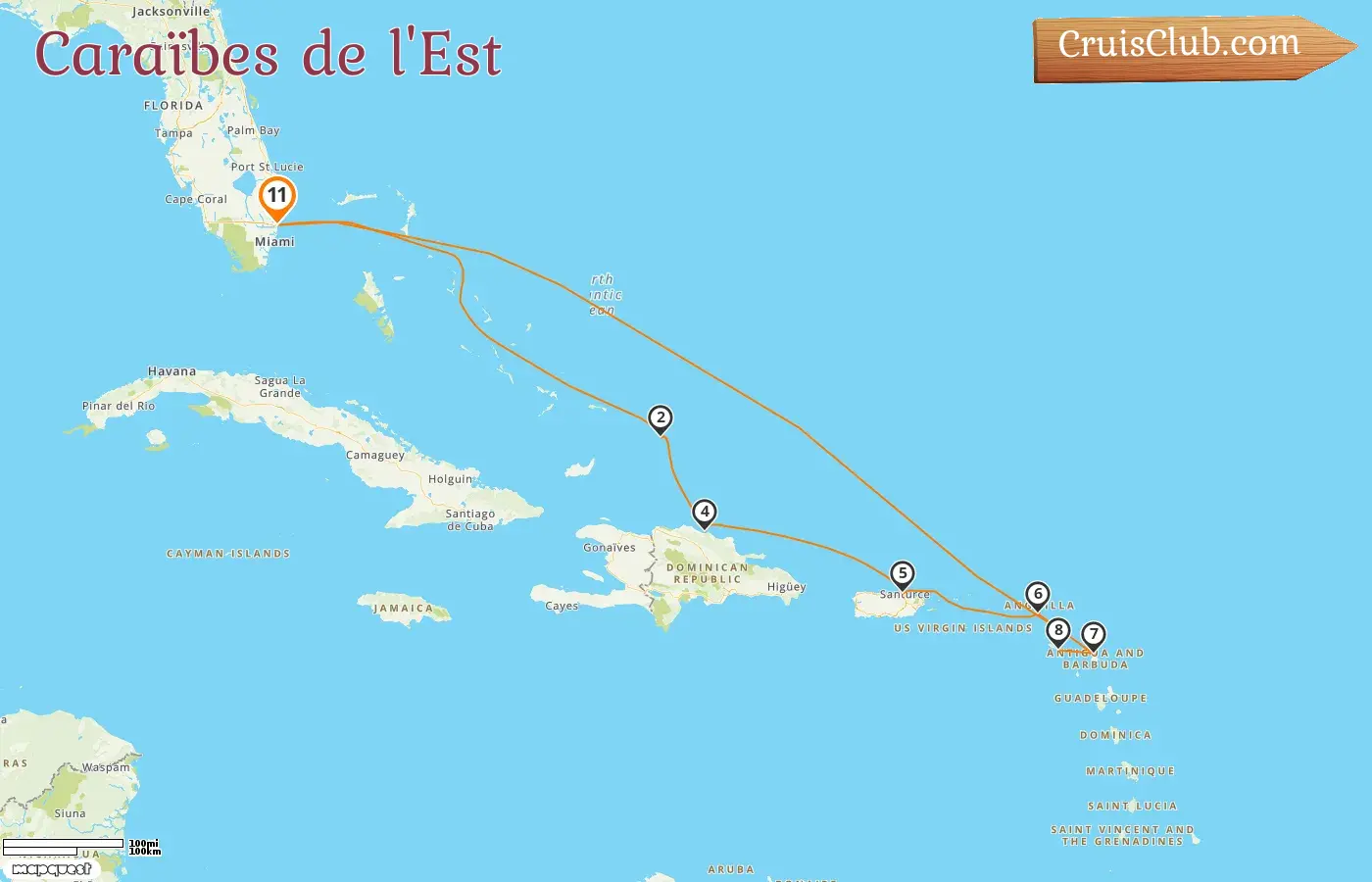 Croisière dans les Caraïbes de l`Est au départ de Fort Lauderdale à bord du navire Enchanted Princess avec des visites aux États-Unis, en République dominicaine, à Puerto Rico et à Saint-Kitts-et-Nevis pendant 11 jours