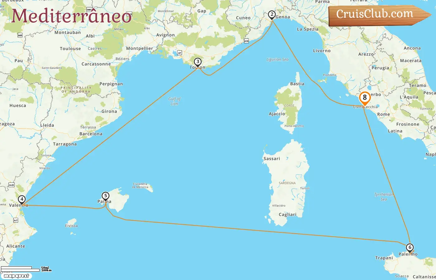 Cruzeiro no Mediterrâneo a partir de Civitavecchia a bordo do navio Costa Pacifica com visitas à Itália, França e Espanha por 8 dias