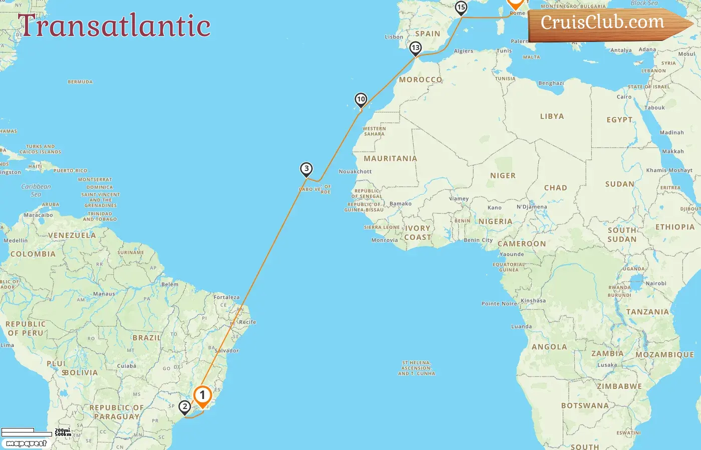 Cruise in the Transatlantic from Rio de Janeiro to Civitavecchia aboard MSC Armonia ship with visits to Brazil, Spain, Morocco, and Italy for 18 days