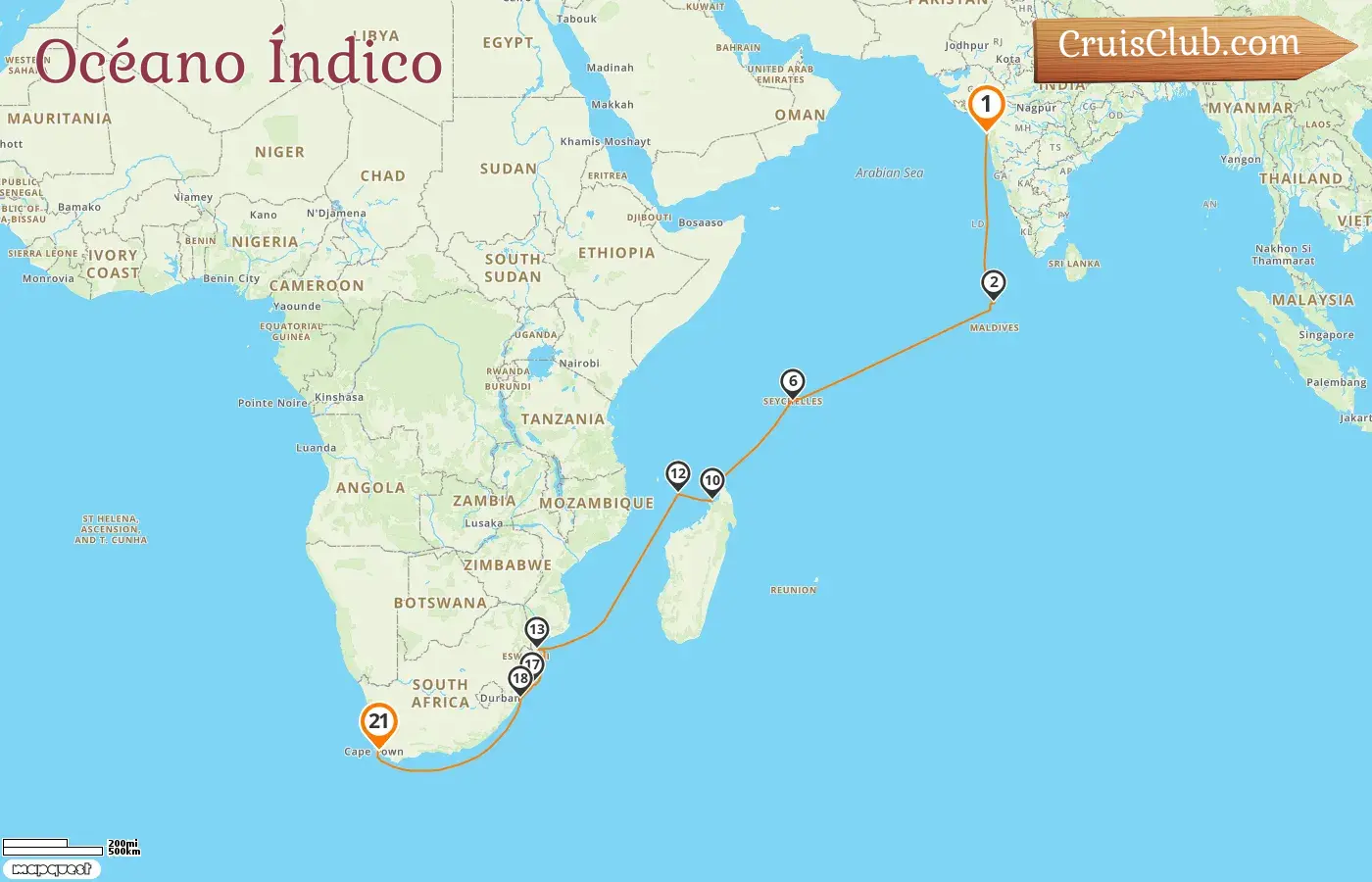 Crucero en el Océano Índico de Mumbai / Bombay a Ciudad del Cabo a bordo del barco Oceania Sirena con visitas a la India, Maldivas, Seychelles, Madagascar, Mayotte, Mozambique y Sudáfrica durante 21 días