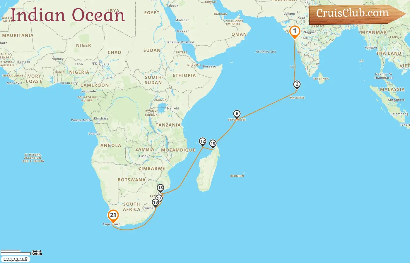 Cruise in the Indian Ocean from Mumbai / Bombay to Cape Town aboard Oceania Sirena ship with visits to India, Maldives, Seychelles, Madagascar, Mayotte, Mozambique, and South Africa for 21 days