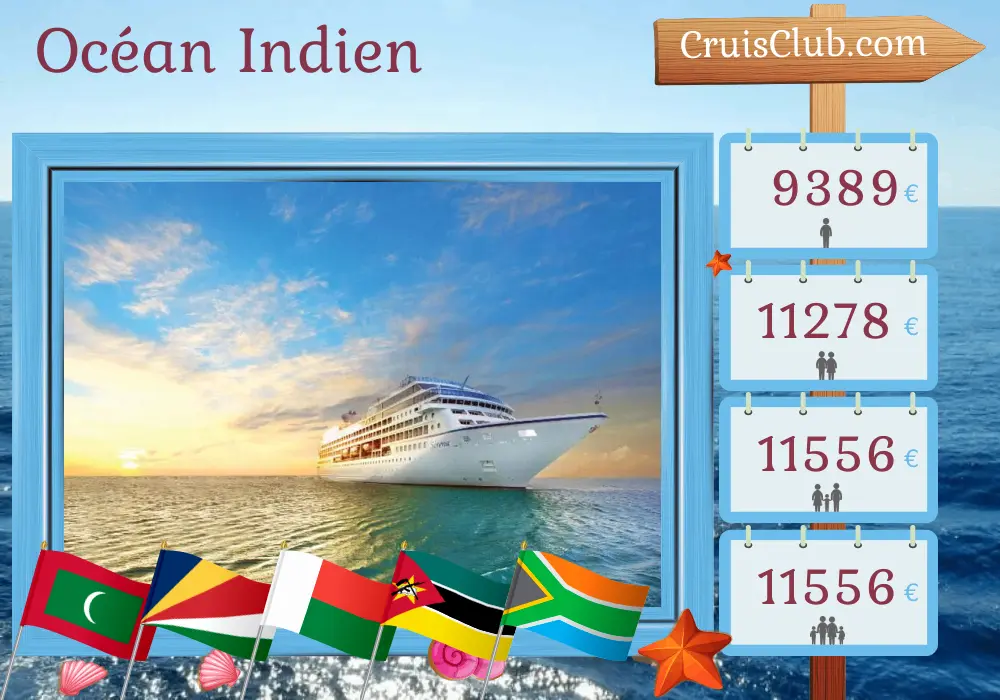 Croisière dans l`océan Indien de Mumbai / Bombay au Cap à bord du navire Oceania Sirena avec des visites en Inde, aux Maldives, aux Seychelles, à Madagascar, à Mayotte, au Mozambique et en Afrique du Sud pendant 21 jours