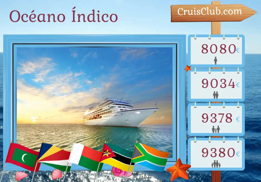 Crucero en el Océano Índico de Mumbai / Bombay a Ciudad del Cabo a bordo del barco Oceania Sirena con visitas a la India, Maldivas, Seychelles, Madagascar, Mayotte, Mozambique y Sudáfrica durante 21 días