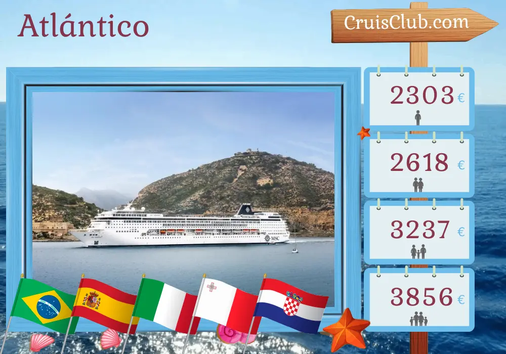 Crucero por el Atlántico desde Saints hasta Marghera a bordo del barco MSC Armonia con visitas a Brasil, España, Marruecos, Italia, Malta y Croacia durante 22 días