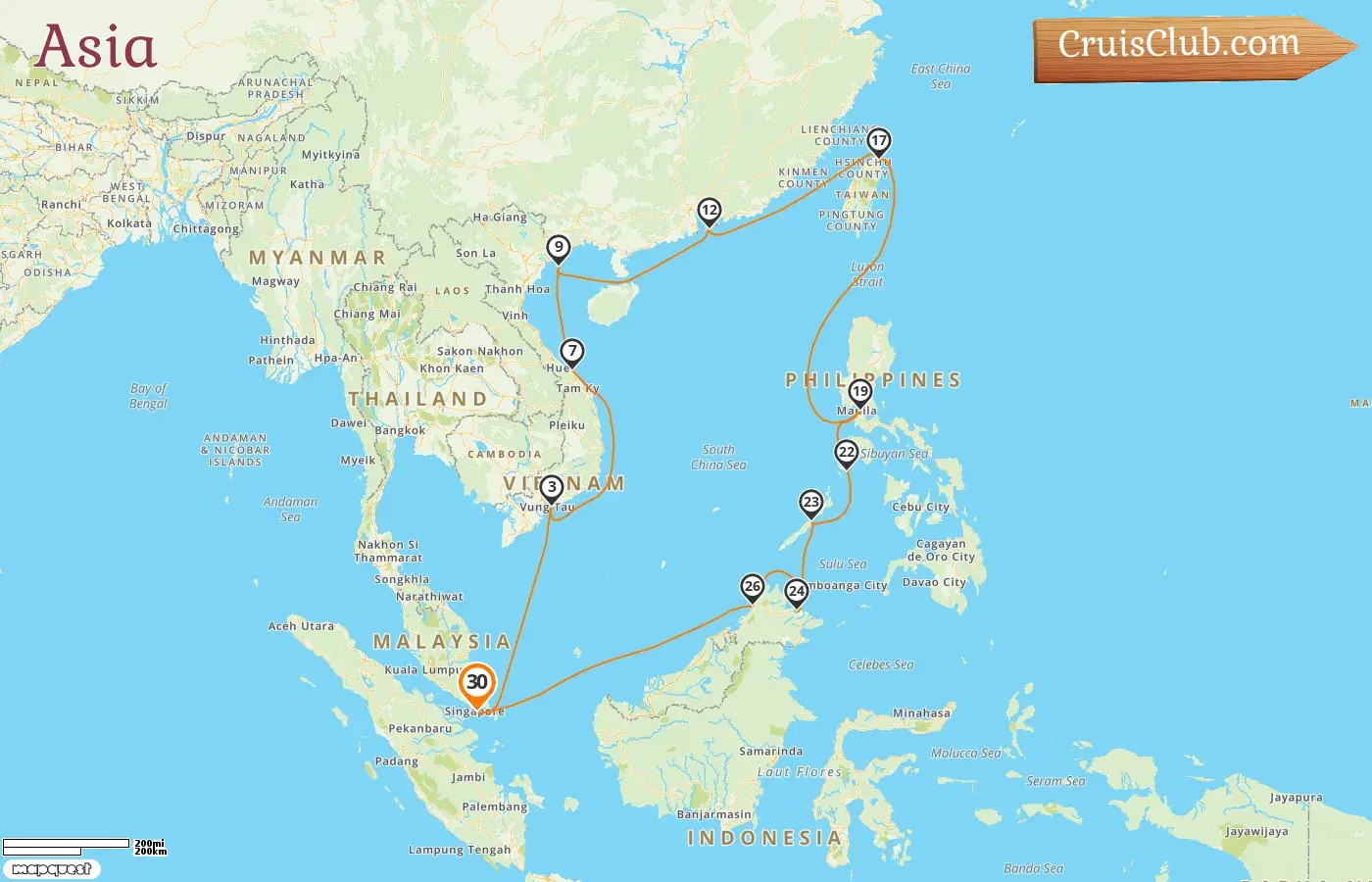 Cruise in the Asia from Singapore aboard Silver Muse ship with visits to Singapore, Viet Nam, Hong Kong, Taiwan, Philippines, and Malaysia for 31 days