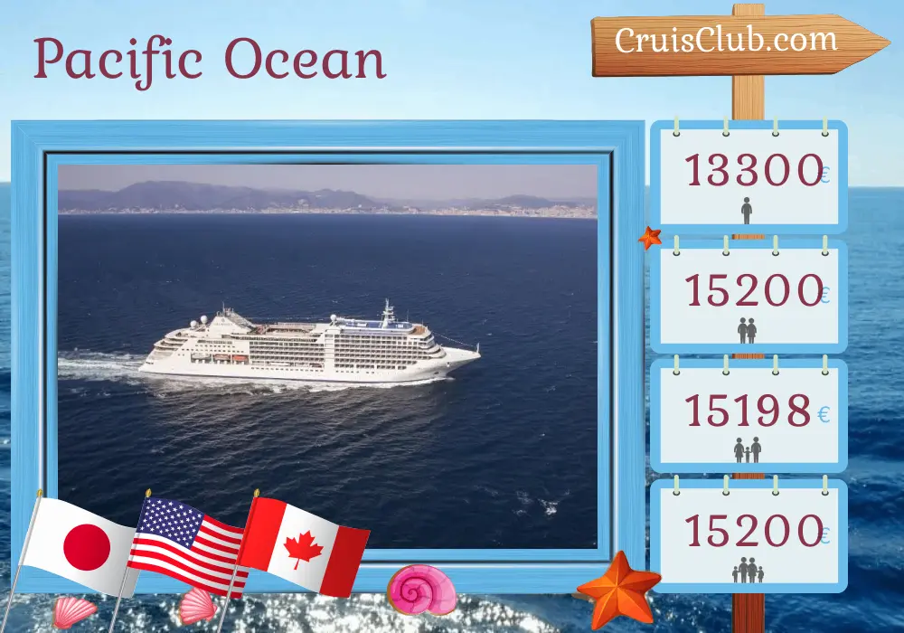 Cruise in the Pacific Ocean from Tokyo to Vancouver aboard Silver Moon ship with visits to Japan, USA, and Canada for 18 days