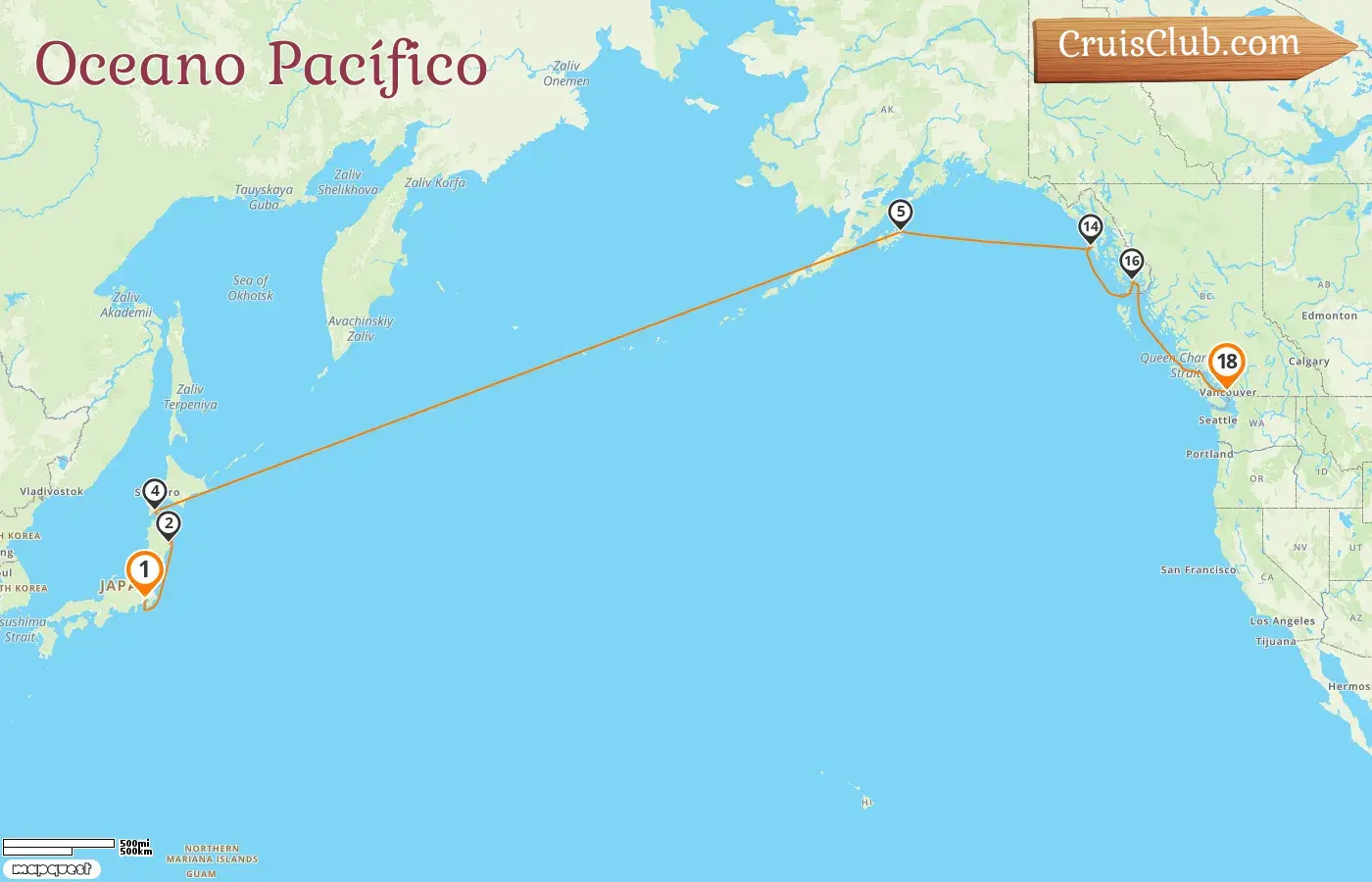 Cruzeiro no Oceano Pacífico de Tóquio a Vancouver a bordo do navio Silver Moon com visitas ao Japão, EUA e Canadá por 18 dias