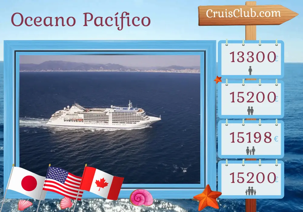 Cruzeiro no Oceano Pacífico de Tóquio a Vancouver a bordo do navio Silver Moon com visitas ao Japão, EUA e Canadá por 18 dias