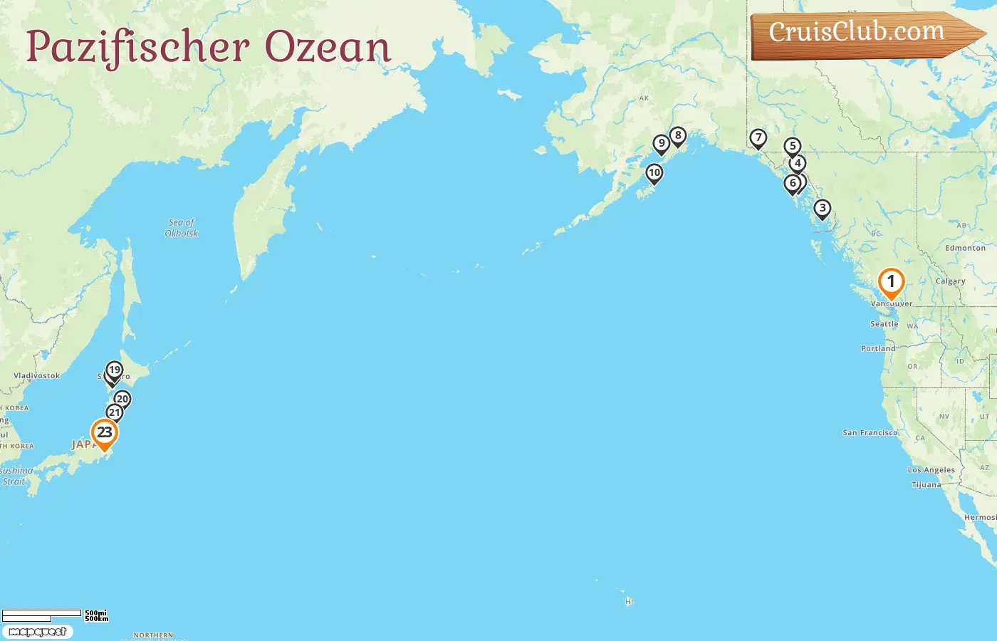 Kreuzfahrt im Pazifischen Ozean von Vancouver nach Tokio an Bord des Schiffes Silver Moon mit Besuchen in Kanada, den USA und Japan für 23 Tage