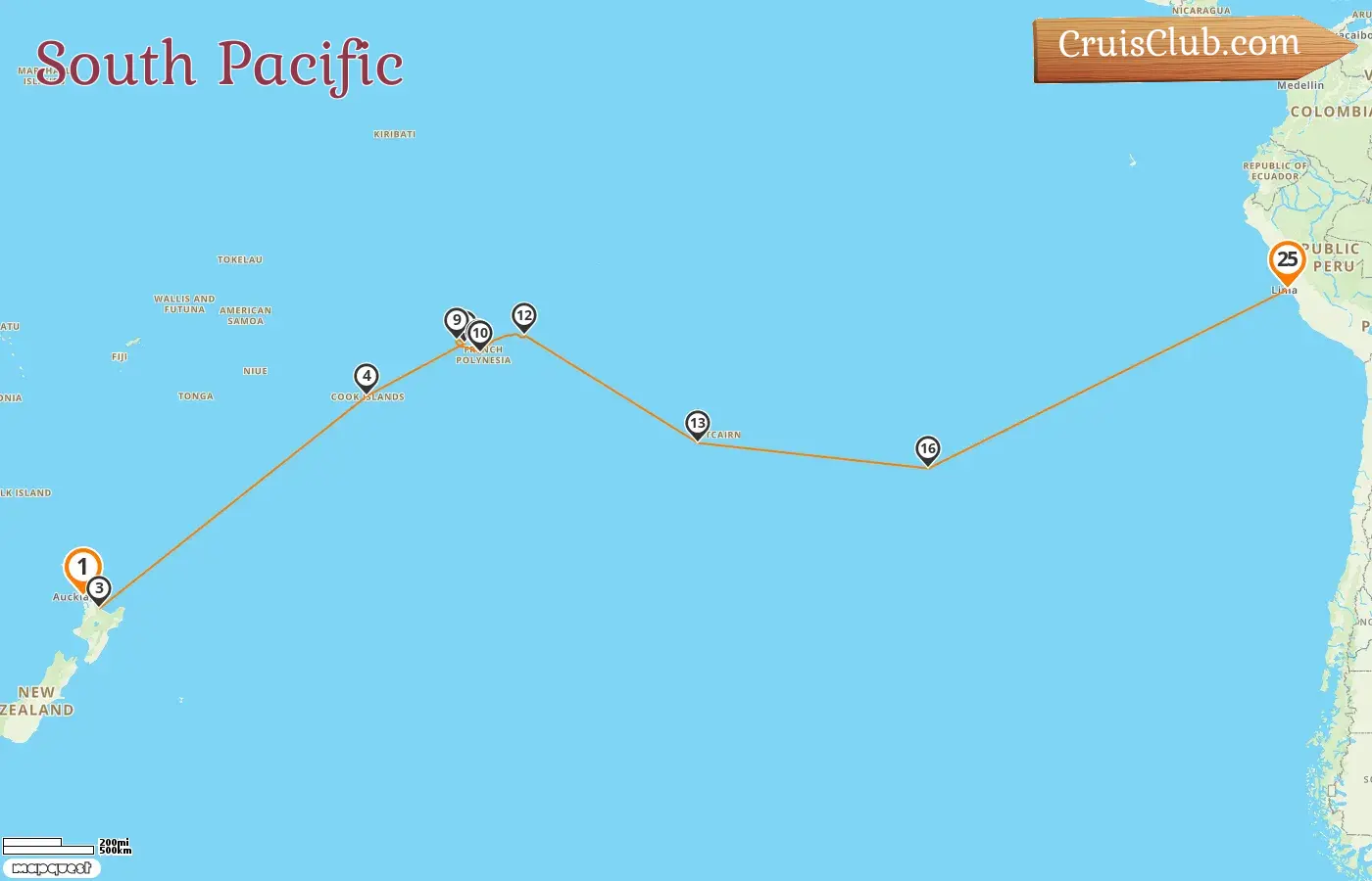 Cruise in the South Pacific from Auckland to Callao aboard Amera ship with visits to New Zealand, Cook Islands, French Polynesia, Pitcairn, Chile, and Peru for 25 days