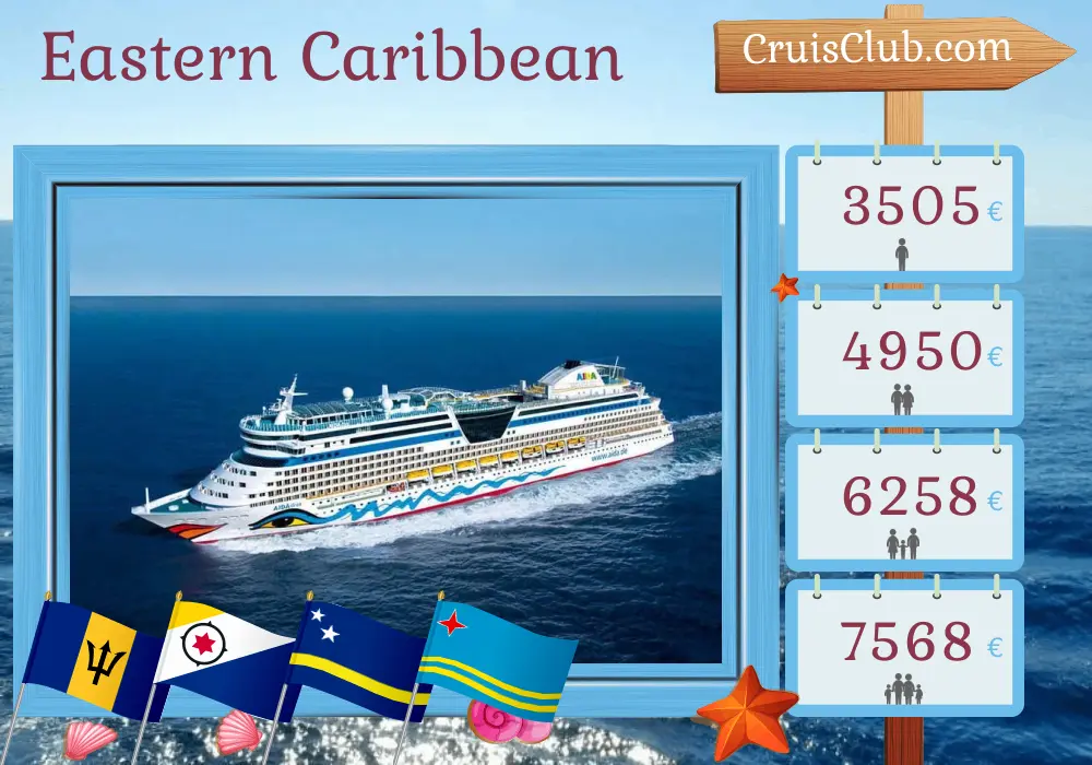 Cruise in the Eastern Caribbean from La Romana aboard AIDAdiva ship with visits to Saint Vincent and the Grenadines, Barbados, Curaçao, and Aruba for 15 days