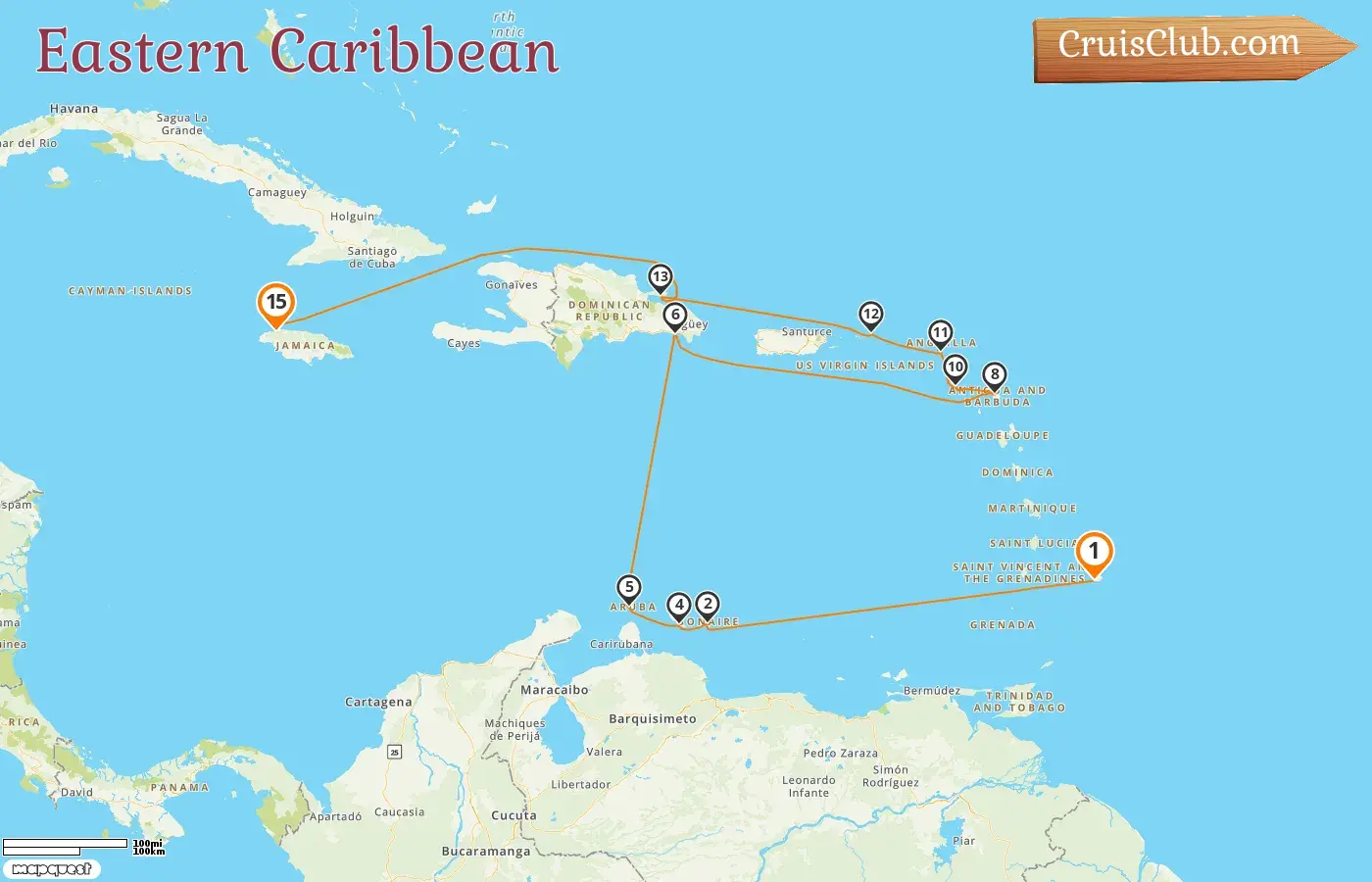 Cruise in the Eastern Caribbean from Bridgetown to Montego Bay aboard AIDAdiva ship with visits to Barbados, Curaçao, Aruba, and Jamaica for 15 days