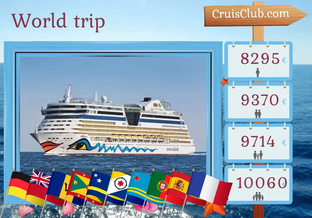 Cruise in the World trip from Hamburg aboard AIDAluna ship with visits to Germany, Bermuda, Barbados, Grenada, Curaçao, Aruba, Portugal, Spain, and France for 44 days