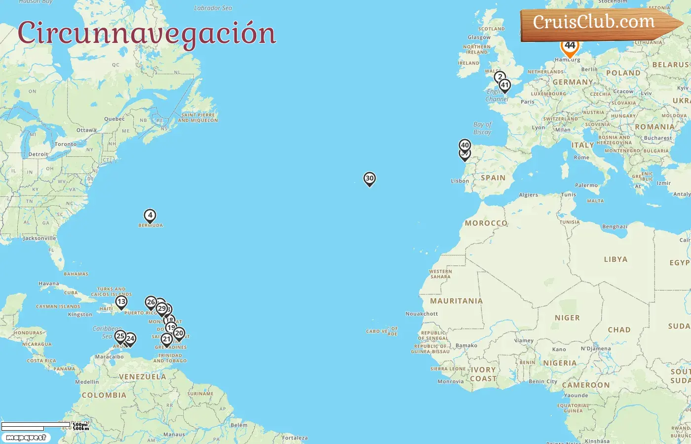 Crucero en el viaje por el mundo desde Hamburgo a bordo del barco AIDAluna con visitas a Alemania, Bermudas, Barbados, Granada, Curazao, Aruba, Portugal, España y Francia durante 44 días