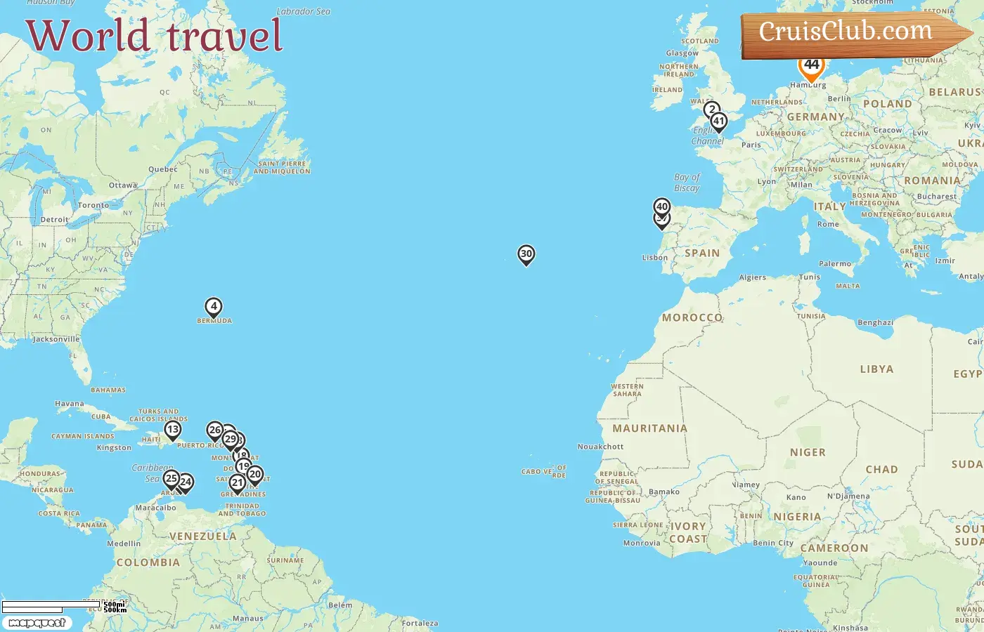 Weltreise-Kreuzfahrt ab Hamburg mit dem Schiff AIDAluna und Besuchen in Deutschland, Bermuda, Barbados, Grenada, Curaçao, Aruba, Portugal, Spanien und Frankreich für 44 Tage