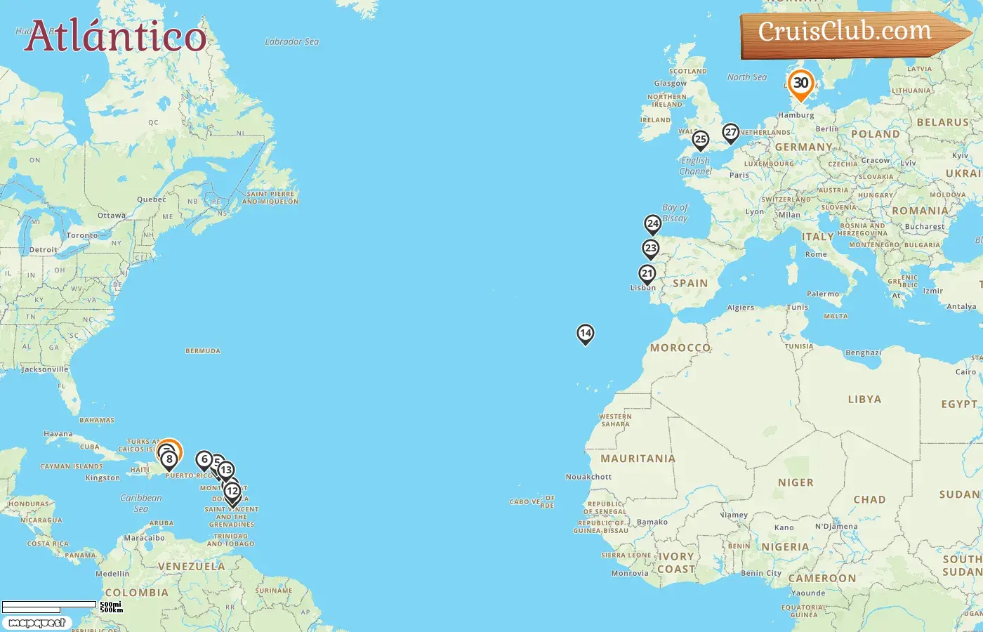 Crucero transatlántico de La Romana a Kiel a bordo del barco AIDAbella con visitas a *** durante 30 días