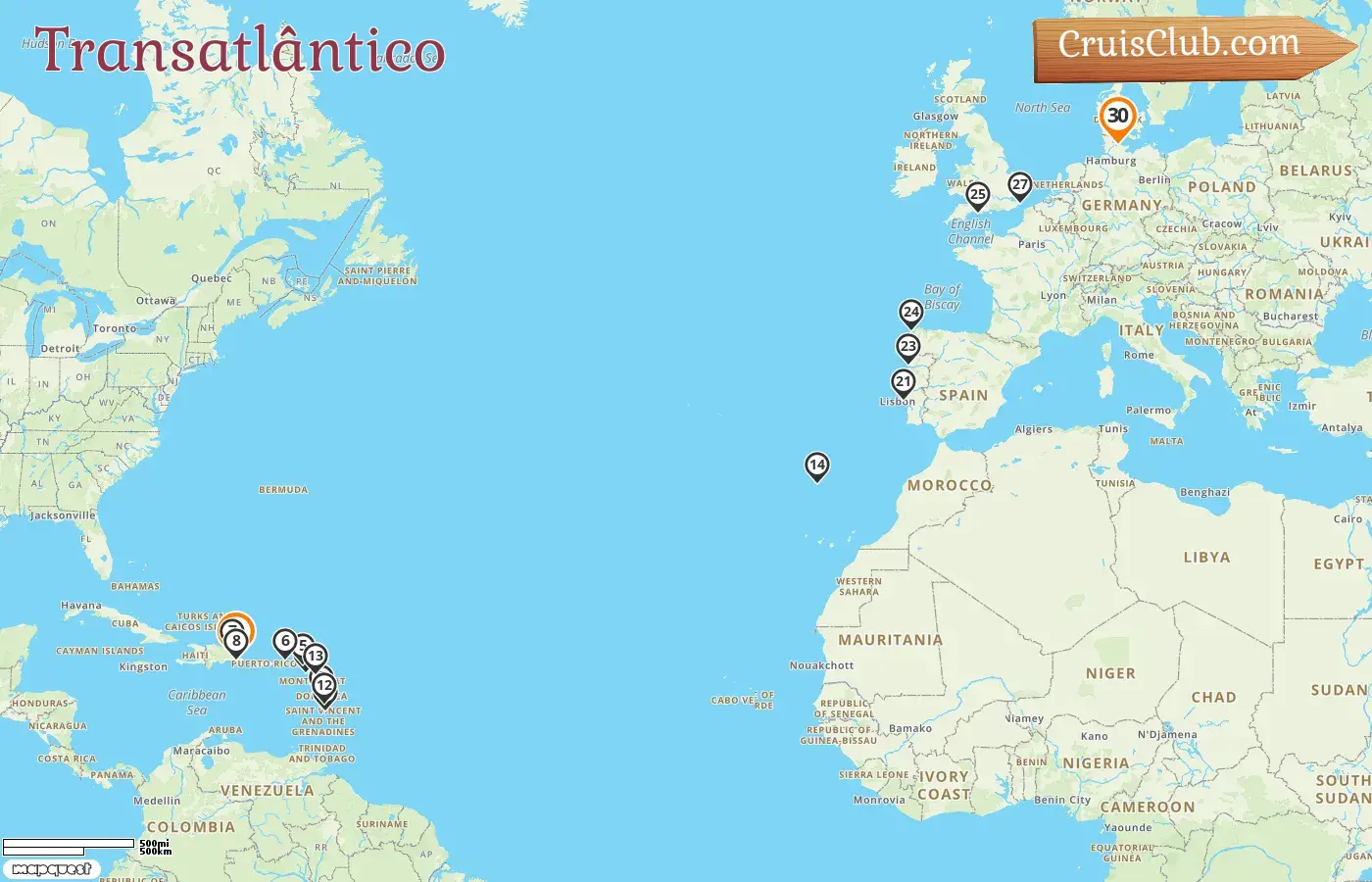 Cruzeiro no Transatlântico de La Romana para Kiel a bordo do navio AIDAbella com visitas por 30 dias