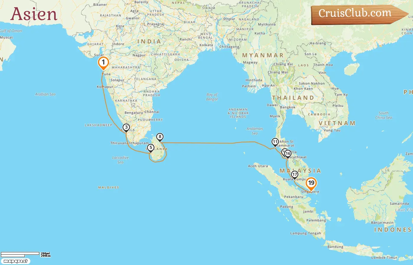 Kreuzfahrt in Asien von Mumbai / Bombay nach Singapur an Bord des Schiffes Silver Muse mit Stopps in Indien, Sri Lanka, Thailand, Malaysia und Singapur für 19 Tage